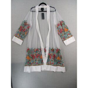 Embroidered Sheer Mesh Kimono Cardigan With Floral Design & White Trim 3X